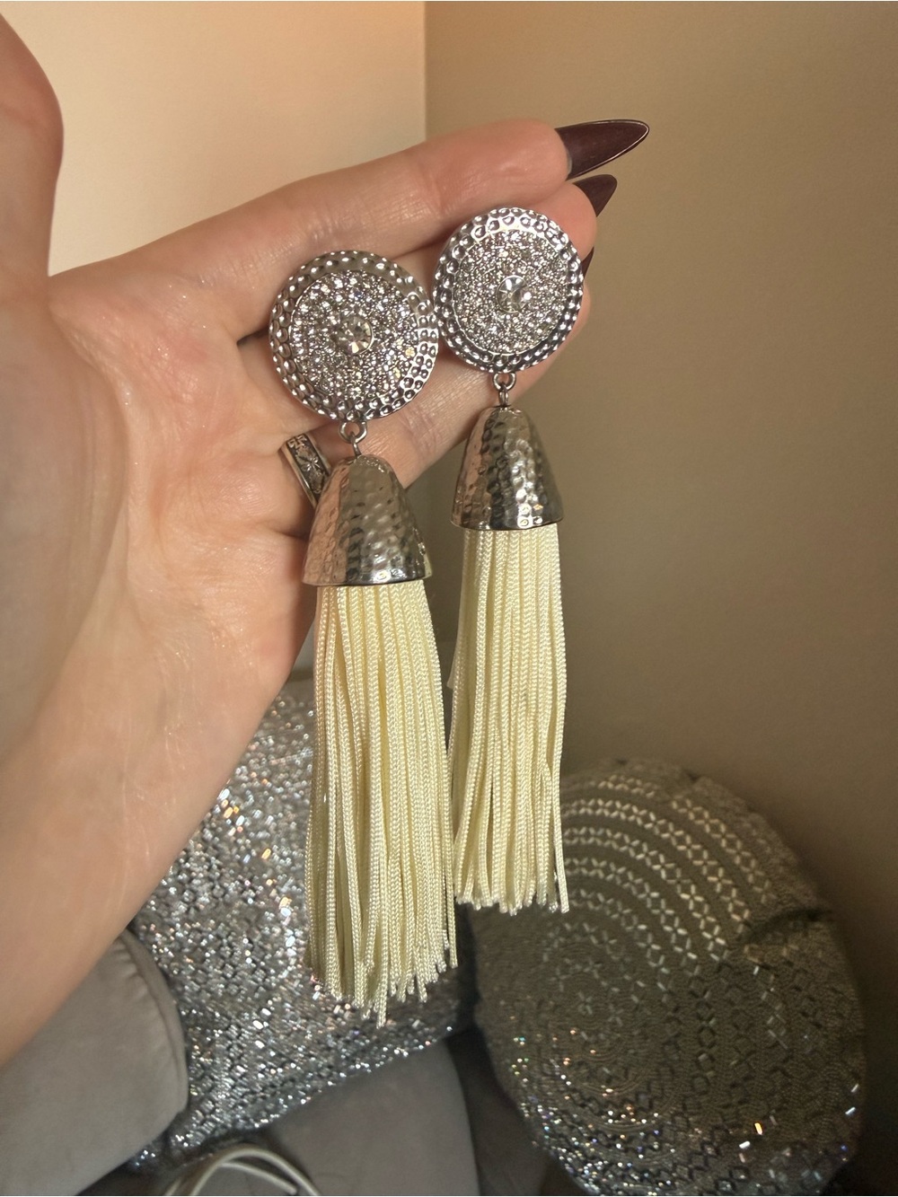 Elegant Cream Tassel Drop Earrings with Silver Accents